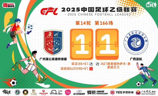 中乙-广州蒲公英1-1广西蓝航:7成控球+3中框仅1球,裁判补时争议断送绝杀希望